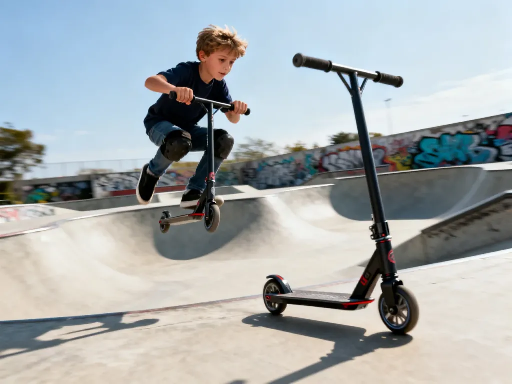 10-letni chłopiec wykonuje skok na hulajnodze wyczynowej w nowoczesnym skateparku.