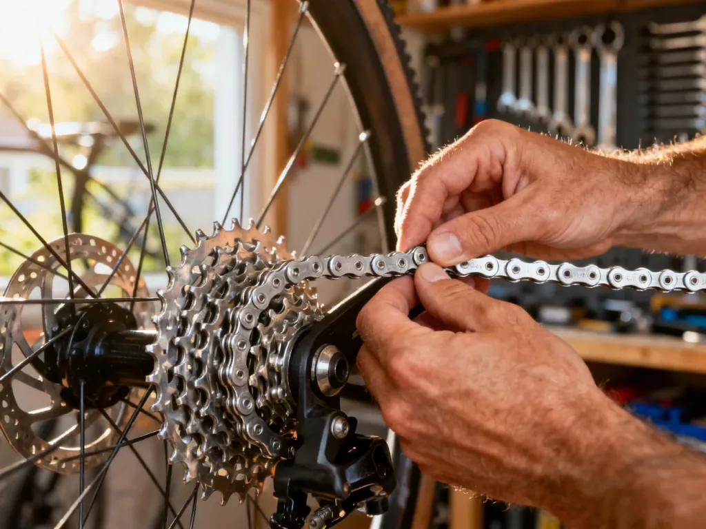 Dłonie mechanika precyzyjnie zakładające srebrny łańcuch na kasetę roweru w przydomowym warsztacie.