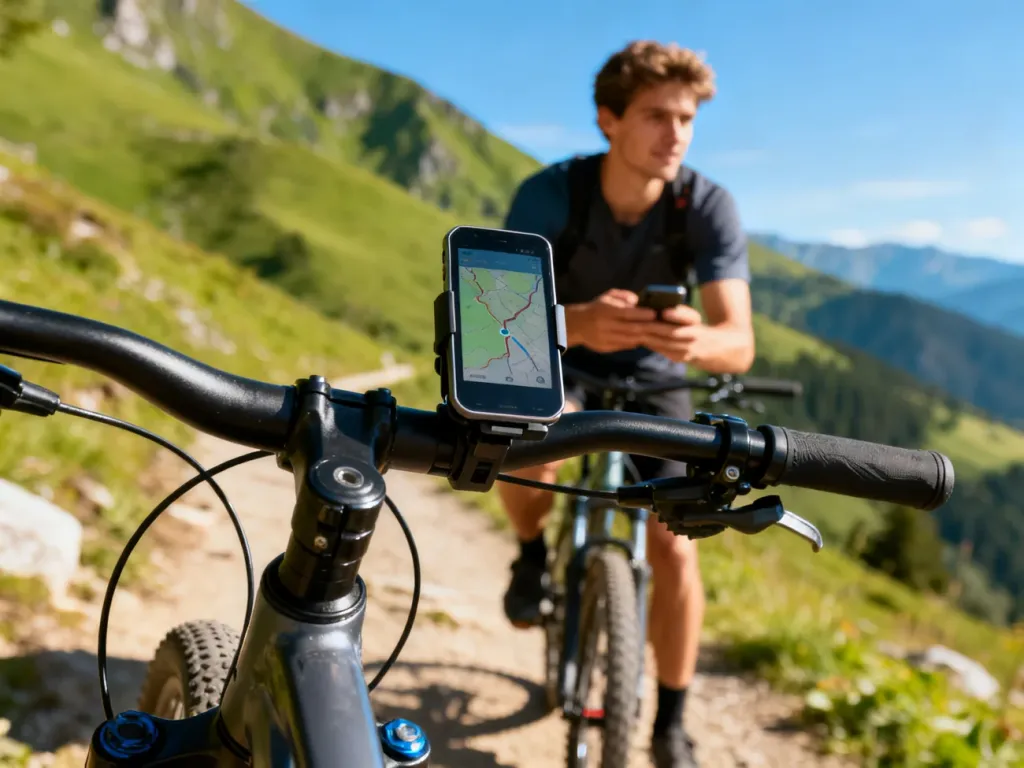 Rowerzysta jadący górską trasą, korzystający z nawigacji w smartfonie zamontowanym na kierownicy roweru.